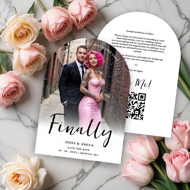 Sober Minimalist Photo Wedding Save The Date (Sober Minimalist Photo Wedding Save the Date Cards with Qr Code and Arch Border Style.)