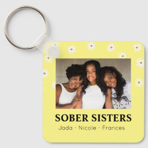 Sober Sisters Cute Custom Name & Date Daisy Keychain