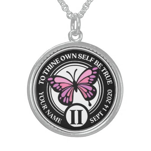 Sobriety Medallion with Butterfly for Soberversary Sterling Silver Necklace