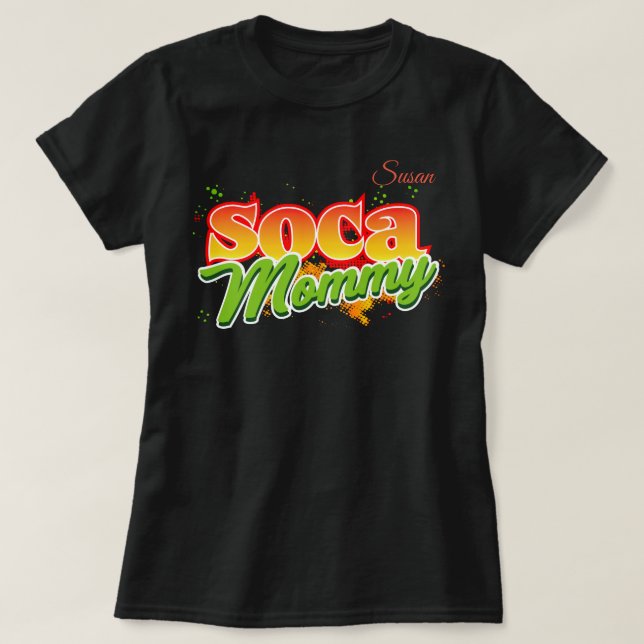 Soca Mommy Orange and Green Text T-Shirt (Design Front)
