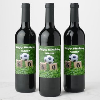Soccer 60th Birthday with ball and number on green Wine Label