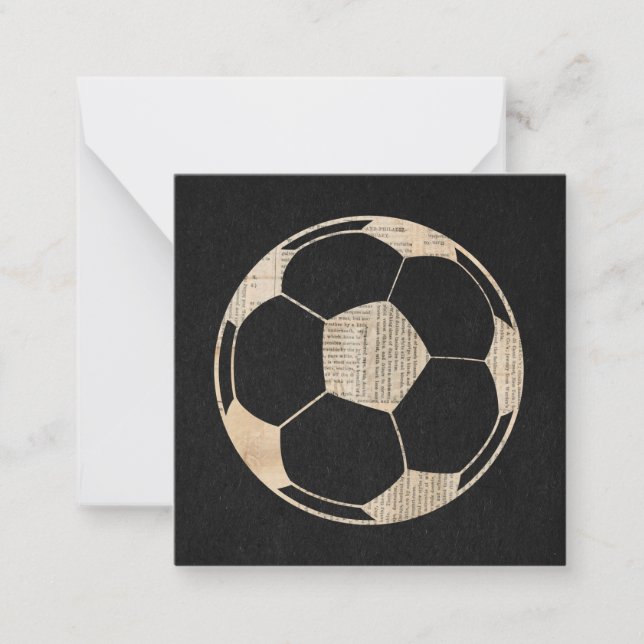 Soccer Art Soccer Ball with Newsprint on Black Note Card (Front)