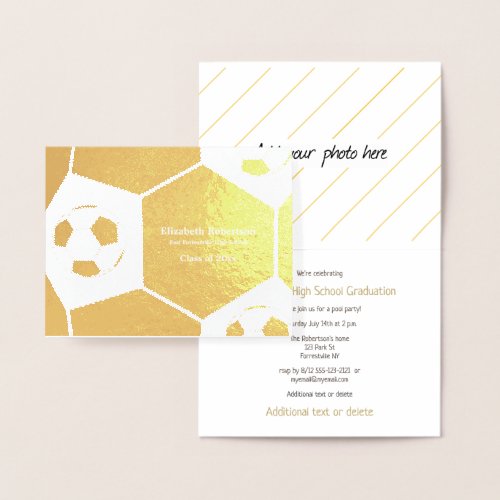 Soccer athlete graduation party gold foil invitation
