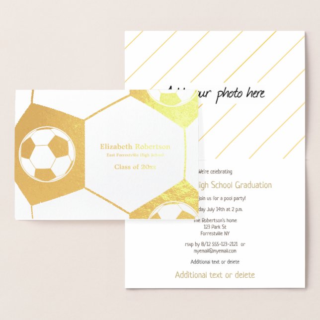 Soccer athlete graduation party gold foil card (Display)