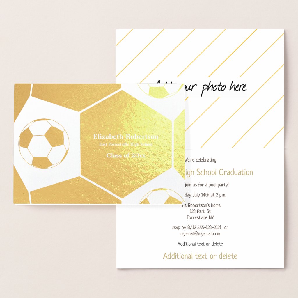 Soccer athlete graduation party gold foil invitation