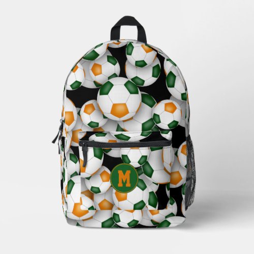 soccer athlete monogram green orange club colors printed backpack
