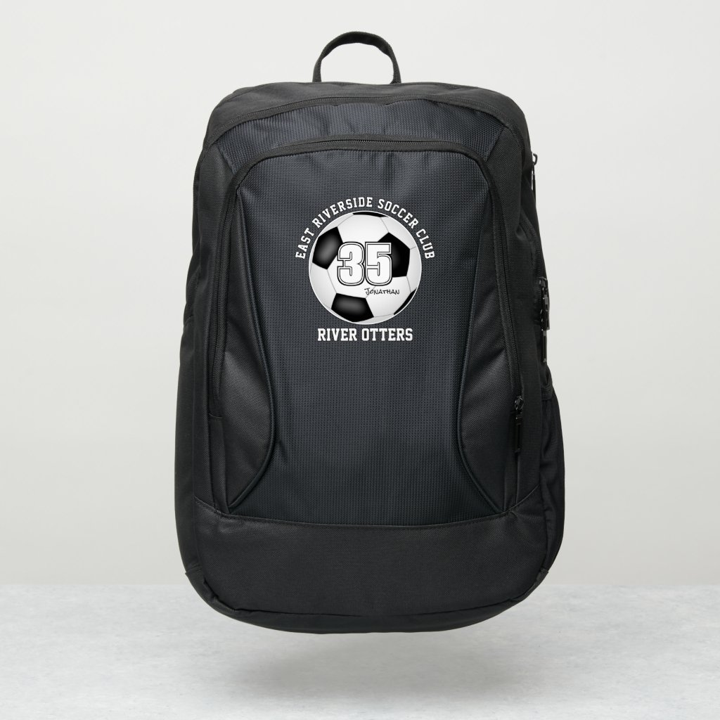 black white soccer ball boys or girls personalized backpack