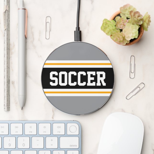 SOCCER Athletic Gray Black Orange Racing Stripes Wireless Charger (Desk)
