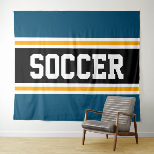 SOCCER Athletic Teal Blue Black Orange Stripes Tapestry