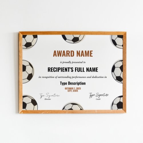 Soccer award certificate best player recognition poster
