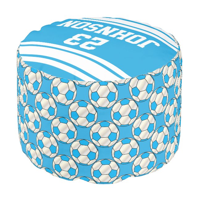 Soccer Baby Blue and White Sport Pattern Pouf (Angled Front)
