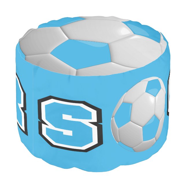 Soccer Baby Blue, White and Black Sport Pattern Pouf (Angled Back)