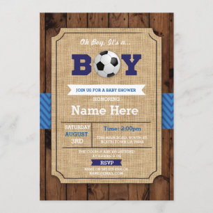 Soccer Baby Shower Boy Blue Wood Football Invite