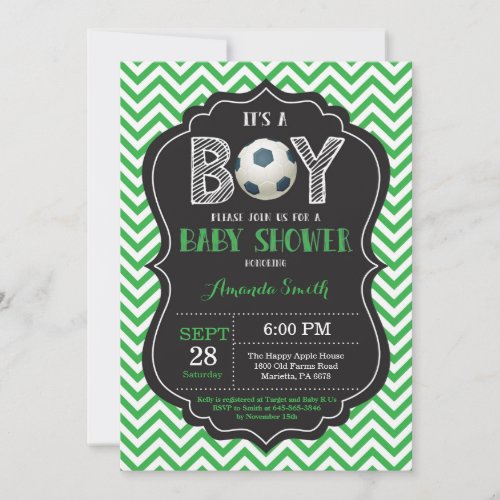 Soccer Baby Shower Invitation Green Chevron