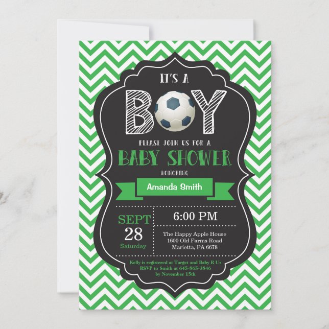 Soccer Baby Shower Invitation Green Chevron (Front)