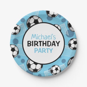 Soccer Ball and Goal Blue Personalized Paper Plate
