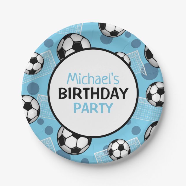 Soccer Ball and Goal Blue Personalized Paper Plate (Front)