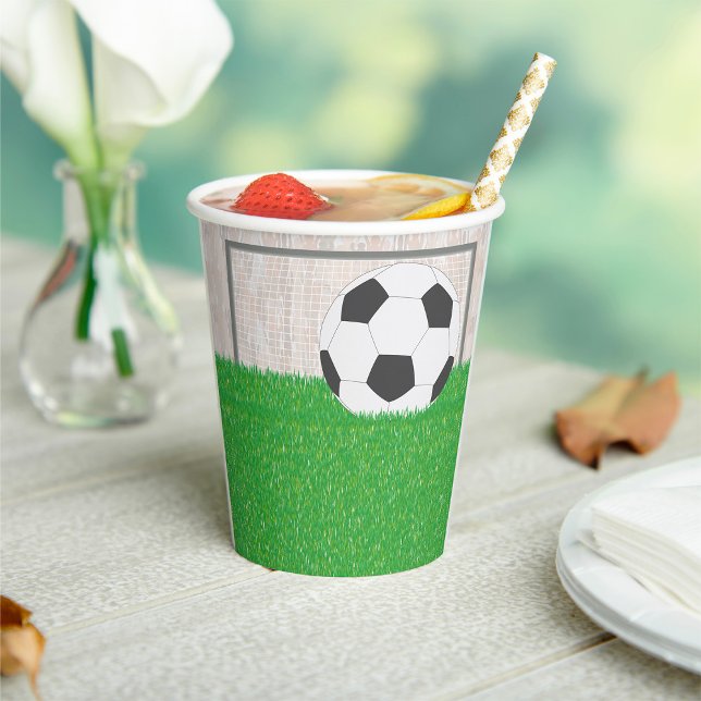 Soccer Ball and Goal Post on Green Grass Field Paper Cups (Creator Uploaded)