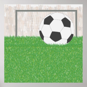Soccer Ball and Goal Post on Green Grass Field Poster