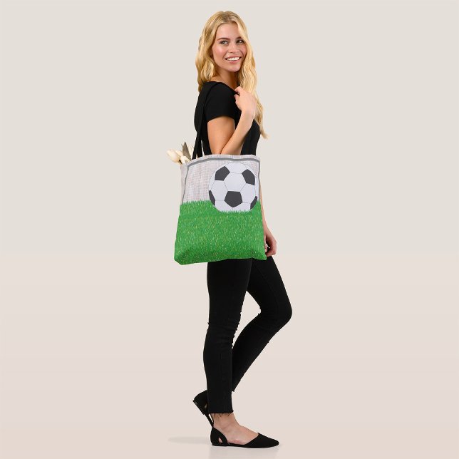 Soccer Ball and Goal Post on Green Grass Field Tote Bag (Creator Uploaded)