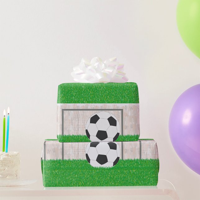 Soccer Ball and Goal Post on Green Grass Field Wrapping Paper (Creator Uploaded)