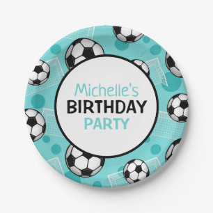 Soccer Ball and Goal Teal Personalized Paper Plate