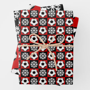 Soccer Ball and Snowflake Red and Black Christmas  Wrapping Paper Sheets