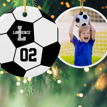 Soccer Ball And Soccer Player Photo Ceramic Ornament by littleteapotdesigns at Zazzle