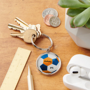 Soccer Ball Art, Blue and Orange Key Ring