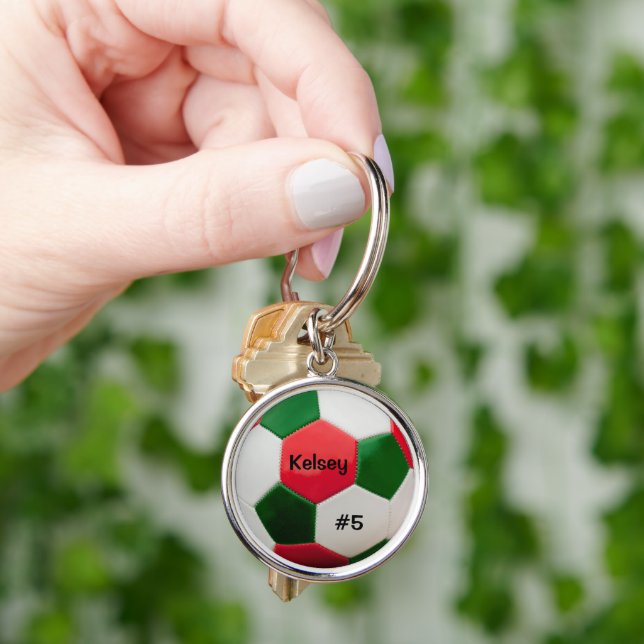 Soccer Ball Art, Green and Red, Key Ring (Hand)