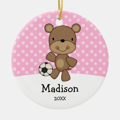 Soccer Ball Bear Pink Kids Personalized Christmas Ceramic Ornament