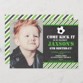Soccer ball birthday party green black photo invitation (Front/Back)
