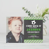Soccer ball birthday party green black photo invitation (Standing Front)