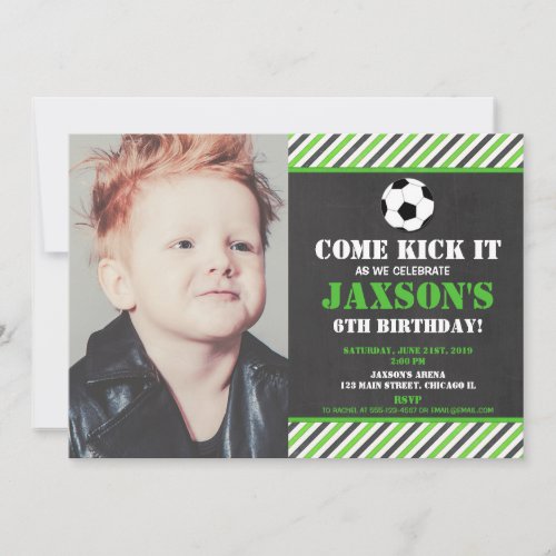 Soccer ball birthday party green black photo invitation