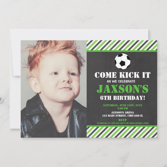 Soccer ball birthday party green black photo invitation (Front)