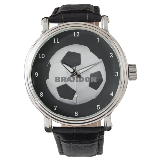 Soccer Ball Black Stylish Custom Name Men's Watch (Front)
