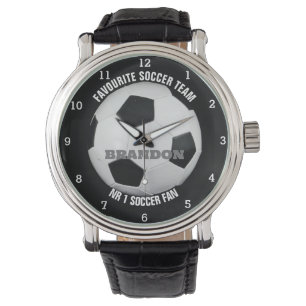 Soccer Ball Black Stylish Custom Name Men's Watch