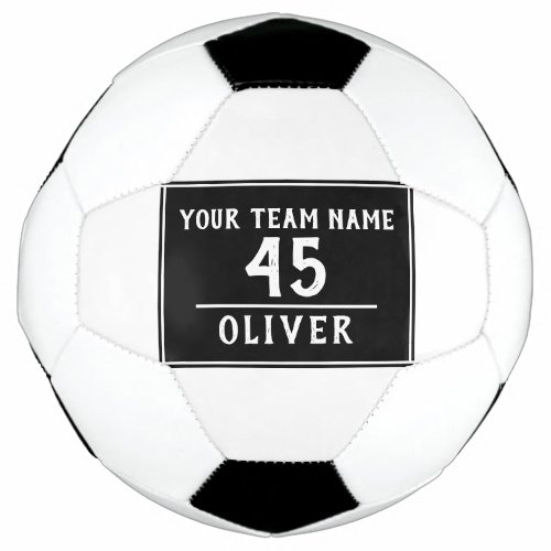 Soccer Ball Black with Team Name Number - Soccer Ball Black with Team Name Number of the player. Personalizable soccer ball with the team name, team number and player`s name. You can easily personalize the ball. The text is in trendy white color on a black background. Great for a soccer player, soccer lover, as a gift or a keepsake ball.