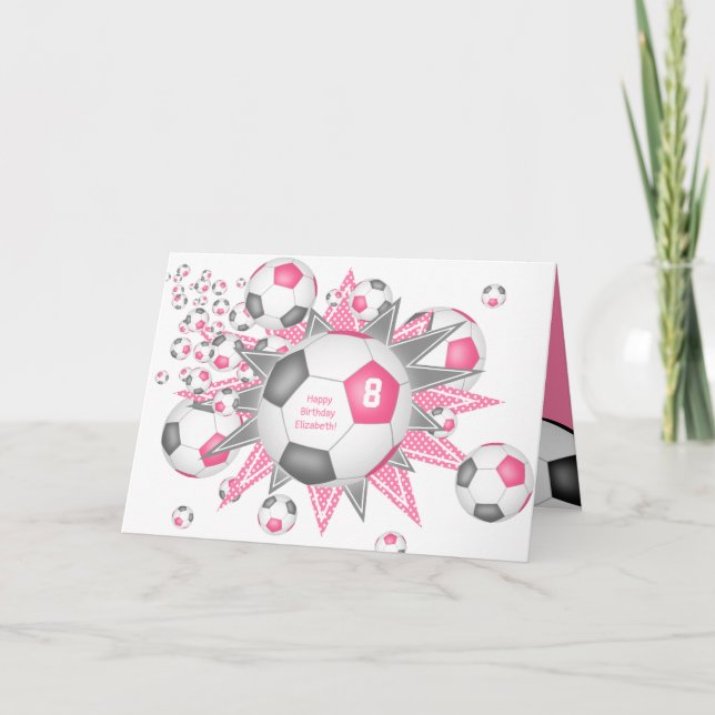 soccer ball blowout girls pink gray birthday card (Front)