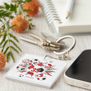 Soccer ball blowout girl's red black personalized keychain