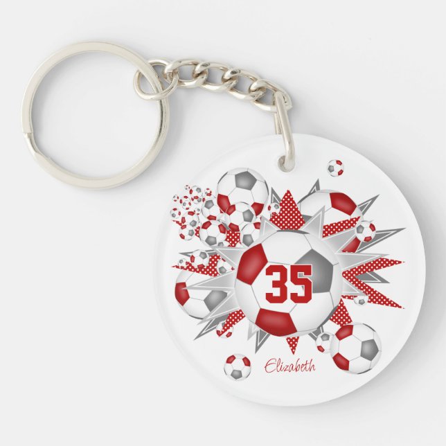Soccer ball blowout girl's red gray personalized  keychain (Front)