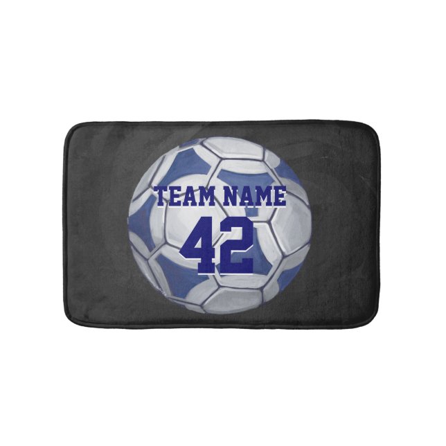 Soccer Ball Blue and White Name and Number Bathroom Mat (Front)