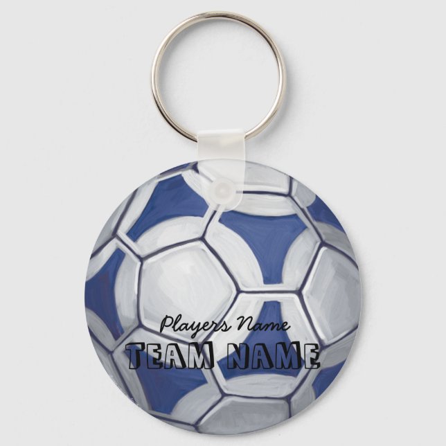 Soccer Ball Blue and White Name and Number Keychain (Front)