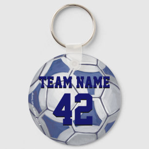 Soccer Ball Blue and White Name and Number Keychain