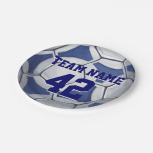 Soccer Ball Blue and White Name and Number Paper Plates