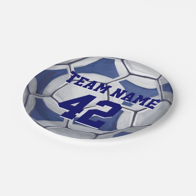 Soccer Ball Blue and White Name and Number Paper Plates (Angled)
