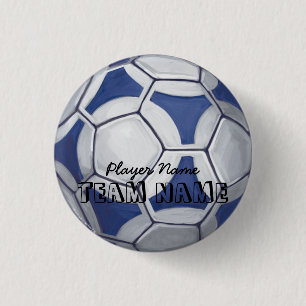 Soccer Ball Blue and White Name and Number Pinback Button