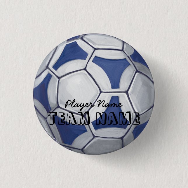 Soccer Ball Blue and White Name and Number Pinback Button (Front)
