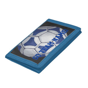 Soccer Ball Blue and White Name and Number Trifold Wallet