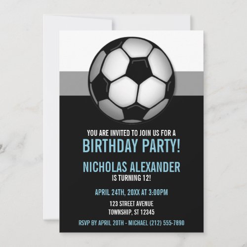 Soccer Ball Blue &amp; Black Birthday Invitations